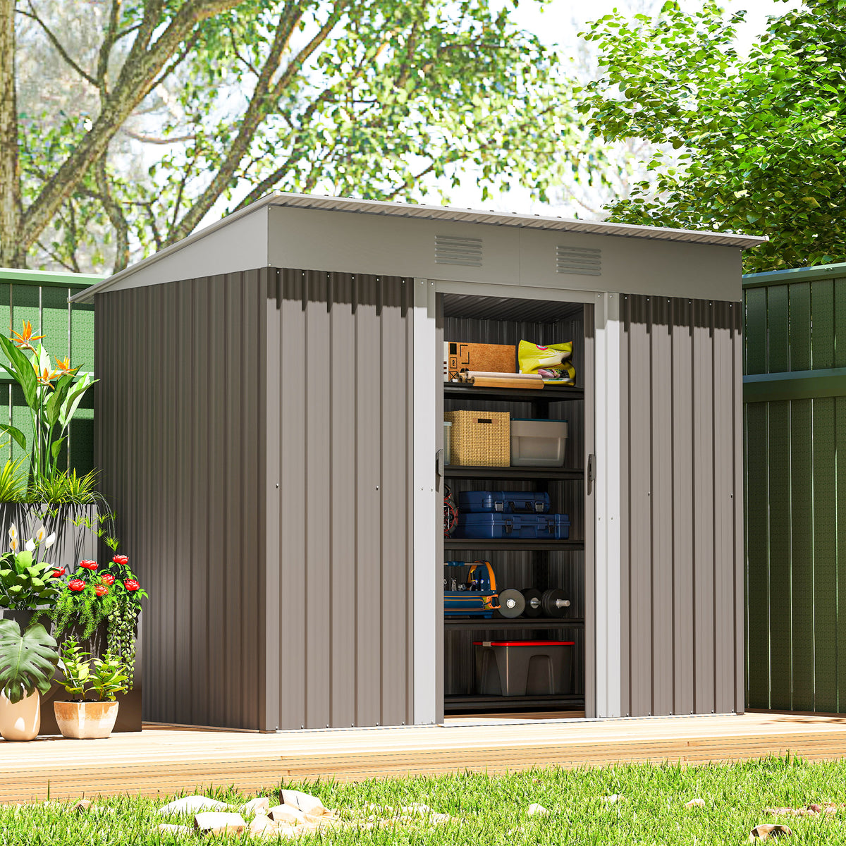 6' x 4' Outdoor Storage Shed, Metal Garden Tool Storage House Organizer with Lockable Sliding Doors and – view 35