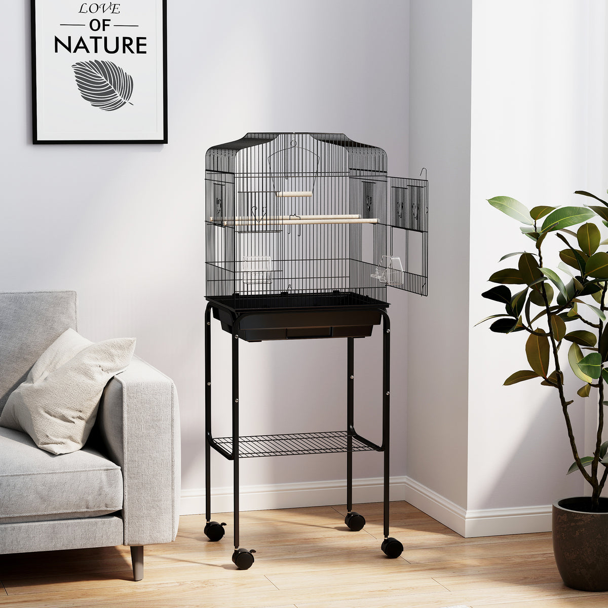 62" Rolling Bird Cage Cockatoo House Play Top Finch Pet Supply with Storage Shelf, Wheels - Black – view 20