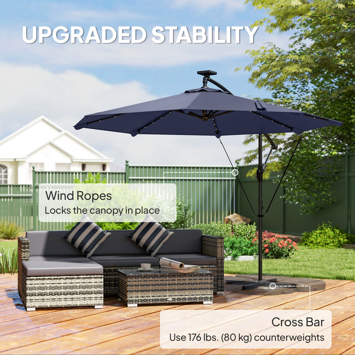 9.7ft Solar LED Cantilever Patio Umbrella with 32 LED Lights, Cross Base, Crank Handle, for Poolside, Deck – view 5