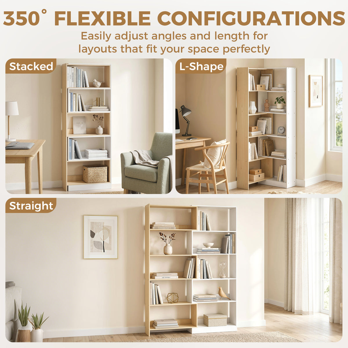 Corner Bookshelf, 5-Tier L-Shaped Bookcase with 350° Rotating Design, Two-Tone Design, Fruitwood/White