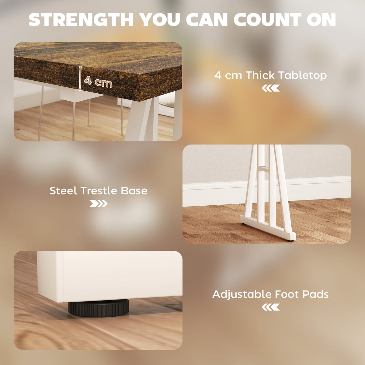 Farmhouse Kitchen Table for 8, Rectangular Dining Table with Thick Tabletop and Steel Trestle Legs, Brown and White
