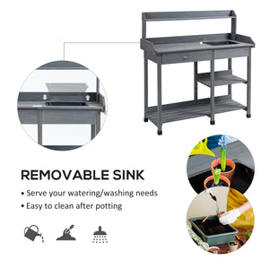 Potting Bench Table Garden Work Bench Workstation with Drawer, Removable Sink, Storage Shelves and Hooks for Patio, Courtyards, Balcony