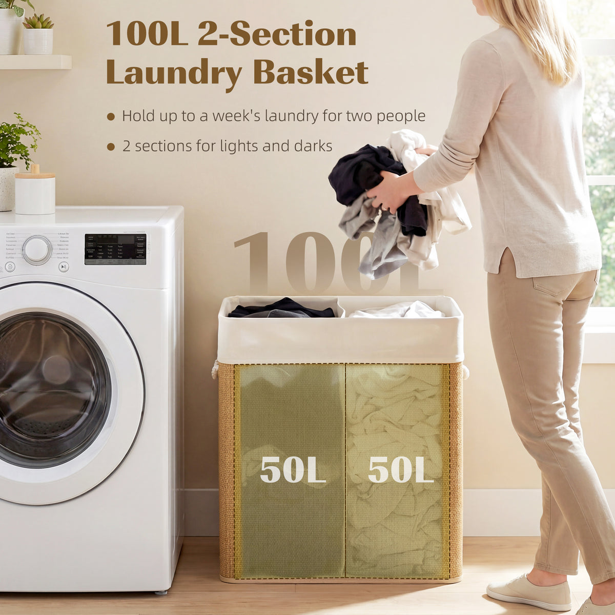 Double Laundry Basket with Lid, 100L Bamboo Laundry Hamper with Rope Handles and Removable Bags, Brown – view 3
