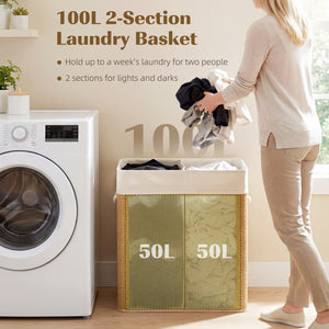 Double Laundry Basket with Lid, 100L Bamboo Laundry Hamper with Rope Handles and Removable Bags, Brown – view 3
