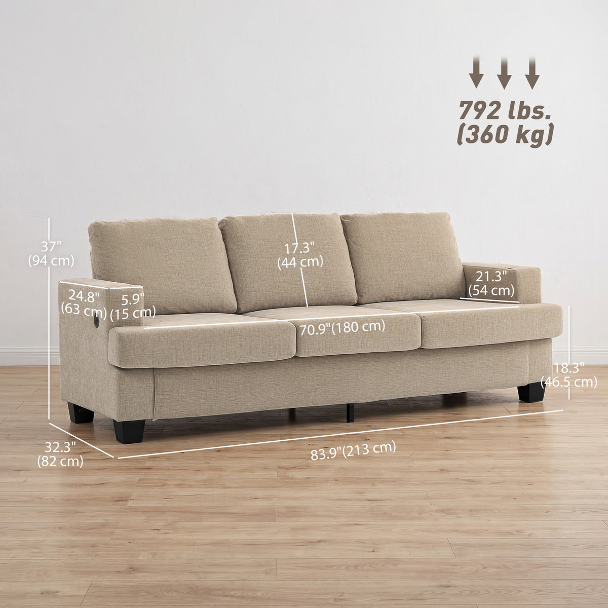 3 Seater Sofa with USB Ports & Cup Holders, Chenille-Feel Upholstered Couch for Living Room, Grey – view 9