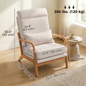 Modern Accent Chair, Linen Armchair with Lumbar Pillow, High Back, Wide Seat, Thick Cushion, Solid Wood Frame, Cream White