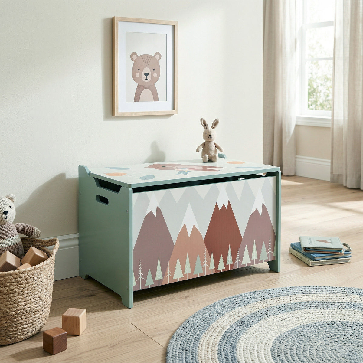 Qaba Toy Box, Kids Storage Chest with Lid, Safety Hinges and Groove Handles, Toy Storage Organizer with Mountain Pattern for Boys, Girls