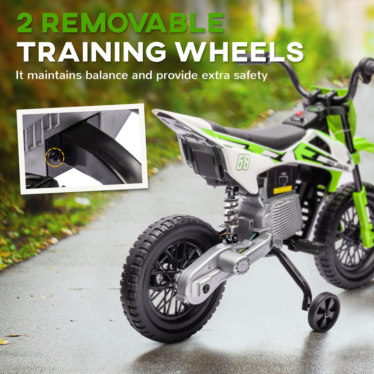 Qaba 12V Kids Dirt Bike, Electric Motorcycle with Twist Grip Throttle, Training Wheels, Rear Suspension & Music