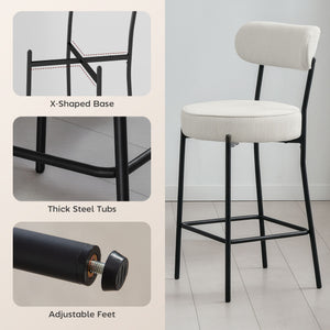 Set of 2 Barstools, Upholstered Corduroy Bar Stools with Backrest, Footrest for Kitchen Island, Dining Room, Cream White