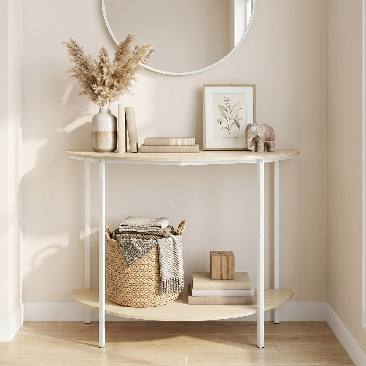 Half Moon Console Table 40 inch 2-Tier Entryway Table with Storage Shelf-Oak view 2
