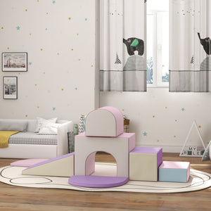 Qaba 7 Piece Indoor Soft Play for Toddlers Climb and Crawl - Pink/ Purple