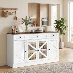 Sideboard Buffet Cabinet, 54" Farmhouse Kitchen Storage Cabinet with Acrylic Barn Doors and 3 Drawers, White Wood Grain