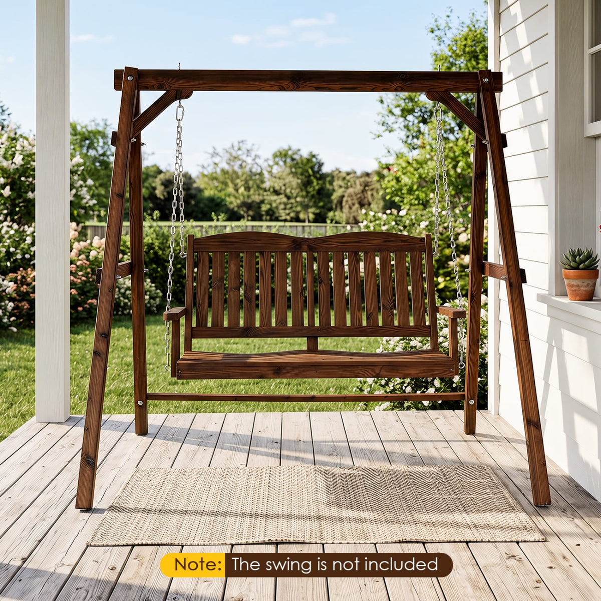 Heavy-Duty Carbonized Fir Wood Swing Frame with Reinforced Bars and 2 Hanging Rings-Brown view 2