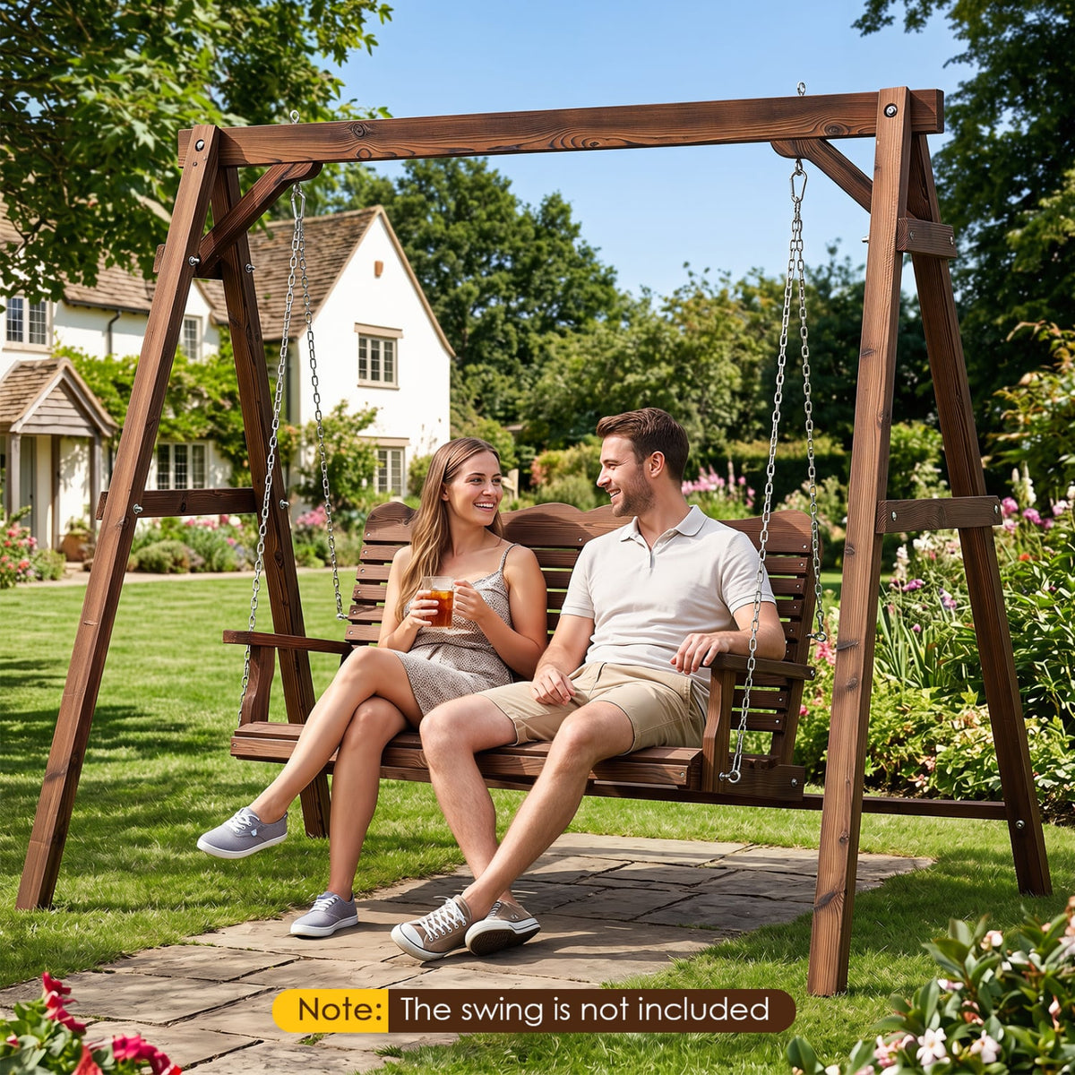 Heavy-Duty Carbonized Fir Wood Swing Frame with Reinforced Bars and 2 Hanging Rings-Brown view 3