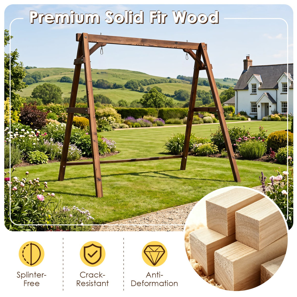 Heavy-Duty Carbonized Fir Wood Swing Frame with Reinforced Bars and 2 Hanging Rings-Brown view 7
