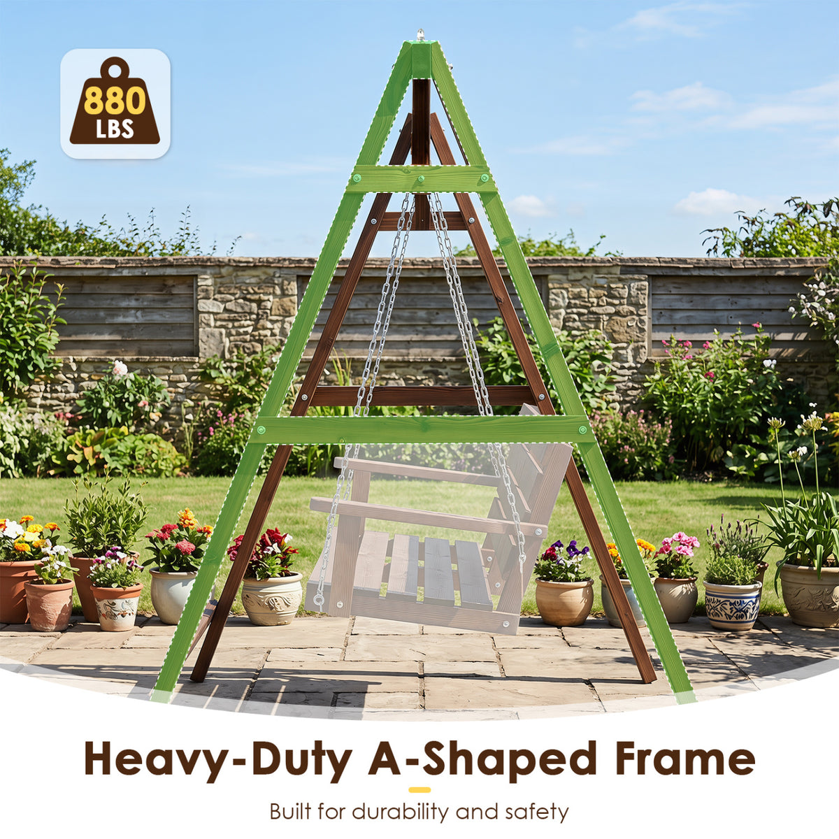 Heavy-Duty Carbonized Fir Wood Swing Frame with Reinforced Bars and 2 Hanging Rings-Brown view 8
