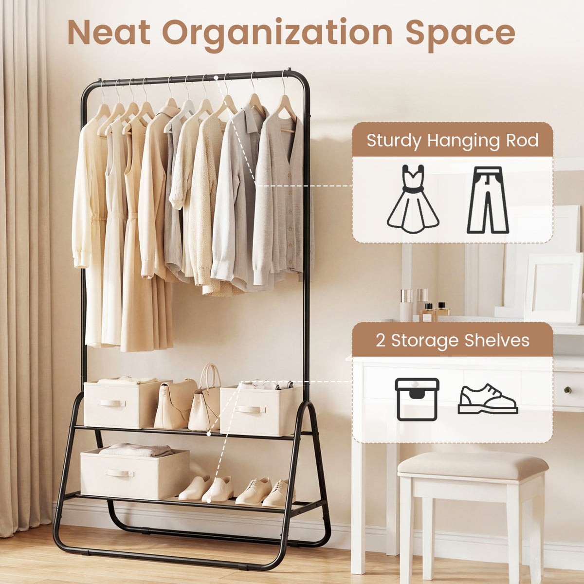 Heavy Duty Clothes Rack with Hanging Rod and Storage Shelves-Black view 7