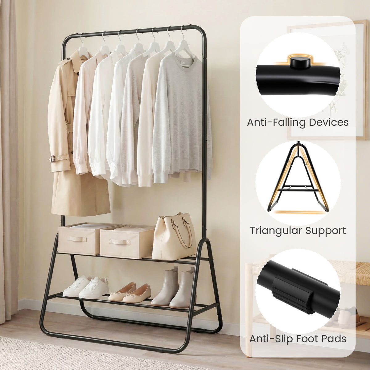 Heavy Duty Clothes Rack with Hanging Rod and Storage Shelves-Black view 9