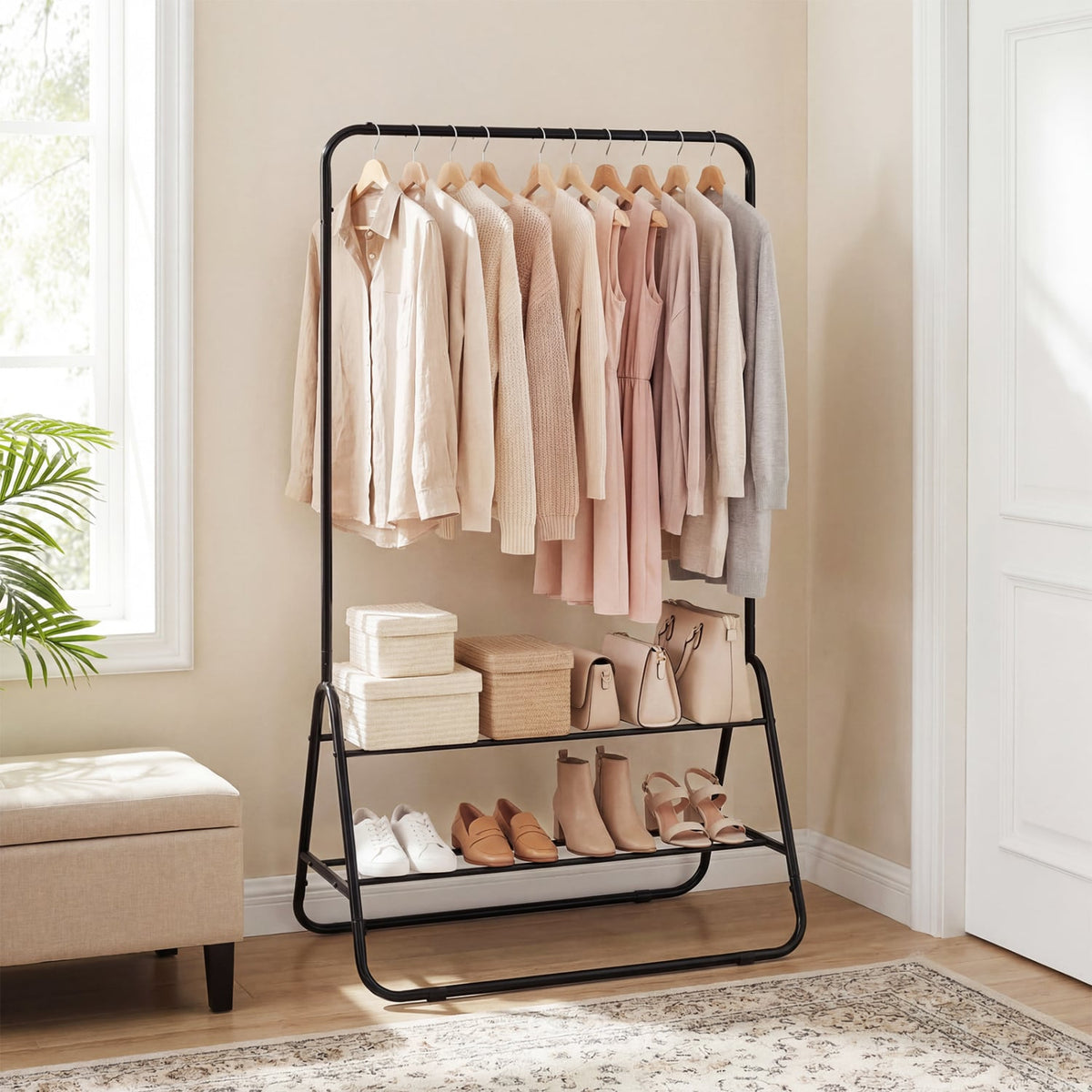 Heavy Duty Clothes Rack with Hanging Rod and Storage Shelves-Black view 3