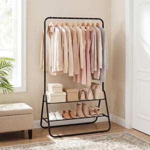 Heavy Duty Clothes Rack with Hanging Rod and Storage Shelves-Black view 3