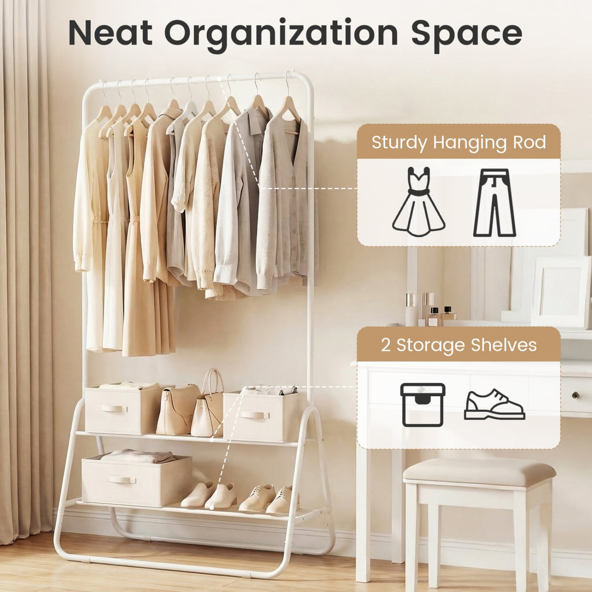 Heavy Duty Clothes Rack with Hanging Rod and Storage Shelves-White view 7