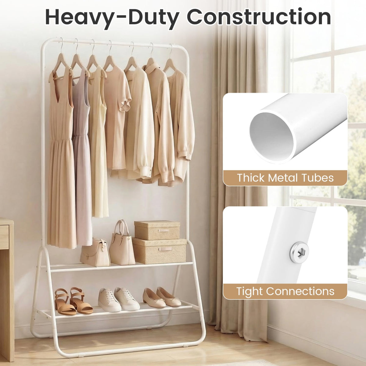 Heavy Duty Clothes Rack with Hanging Rod and Storage Shelves-White view 8