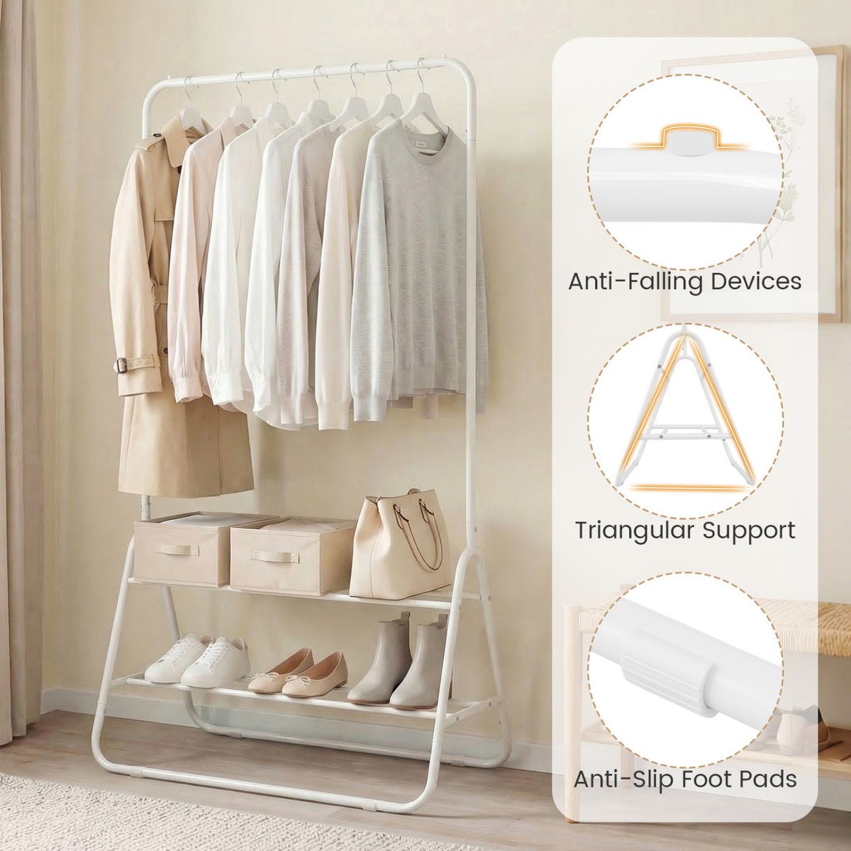 Heavy Duty Clothes Rack with Hanging Rod and Storage Shelves-White view 9