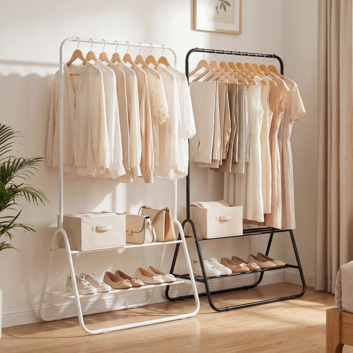 Heavy Duty Clothes Rack with Hanging Rod and Storage Shelves-White view 6