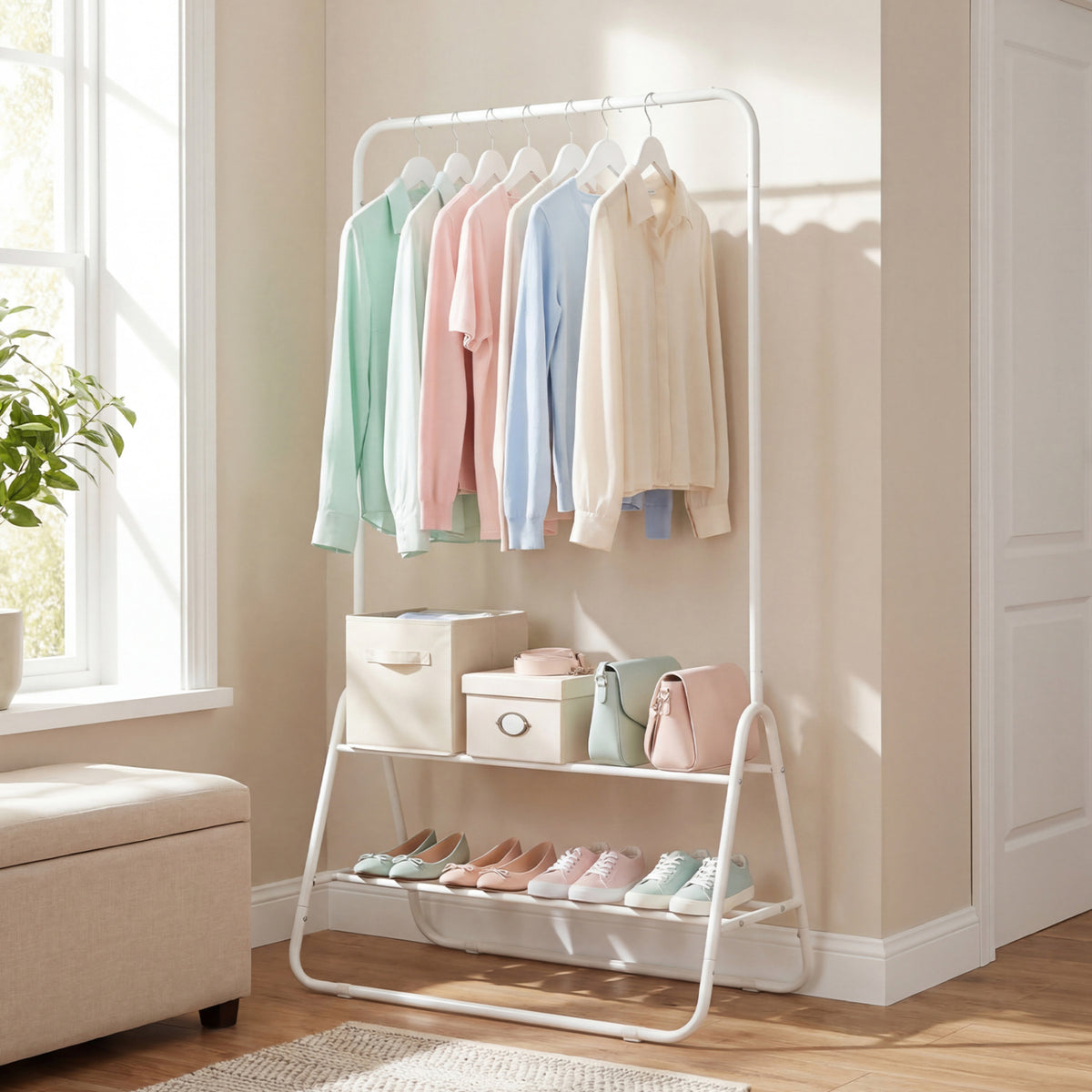 Heavy Duty Clothes Rack with Hanging Rod and Storage Shelves-White view 2