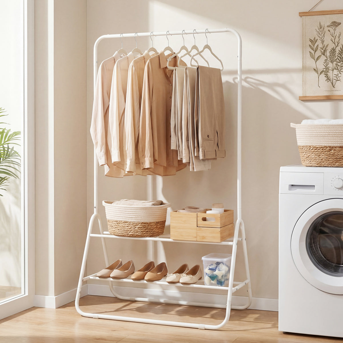 Heavy Duty Clothes Rack with Hanging Rod and Storage Shelves-White view 3