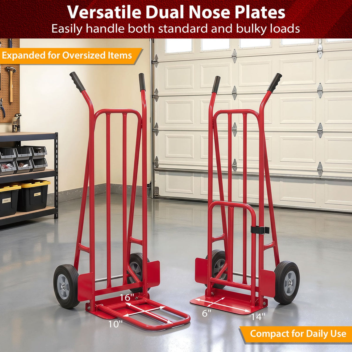 Heavy Duty Hand Truck Dolly with Dual Foldable Nose Plates-Red view 7
