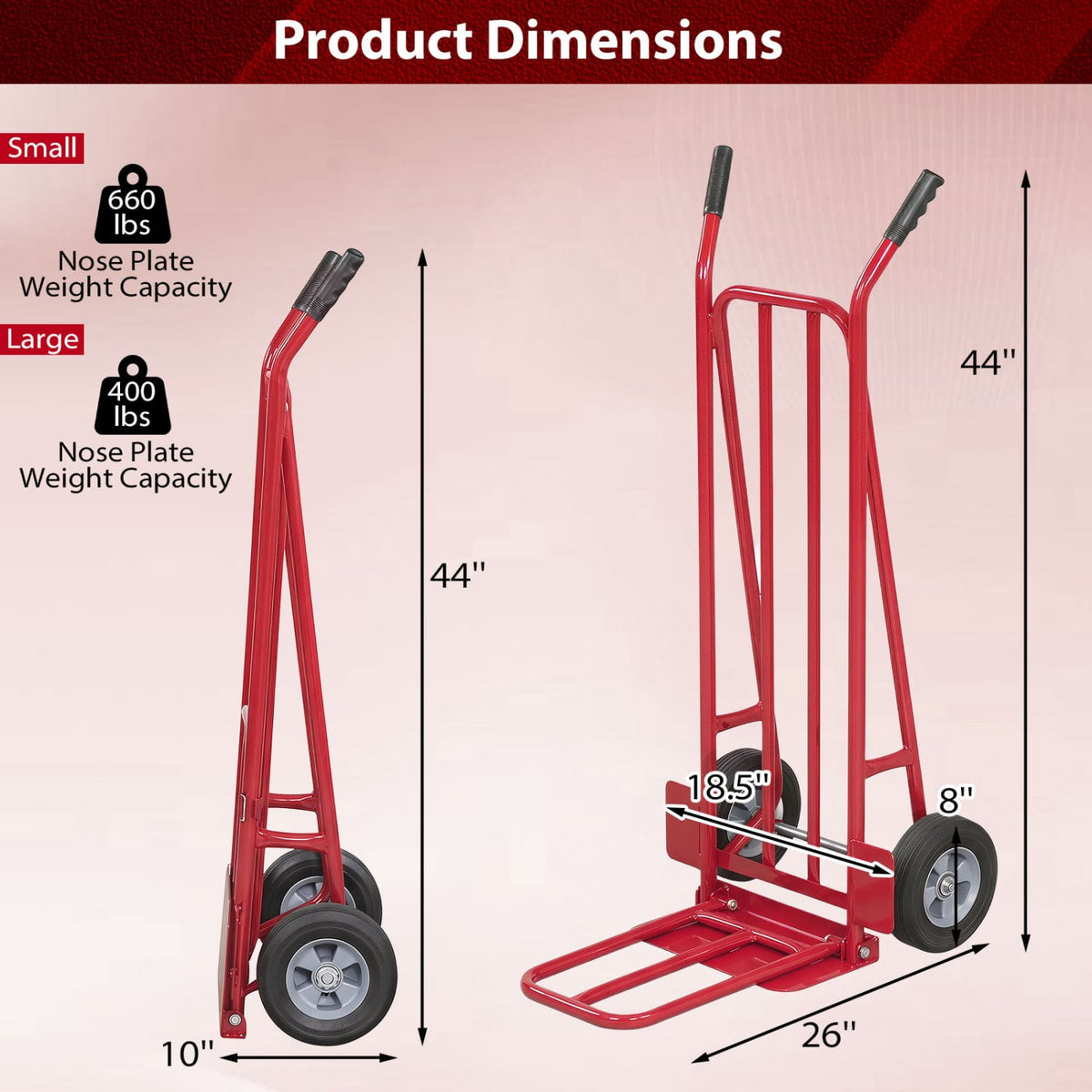 Heavy Duty Hand Truck Dolly with Dual Foldable Nose Plates-Red view 5