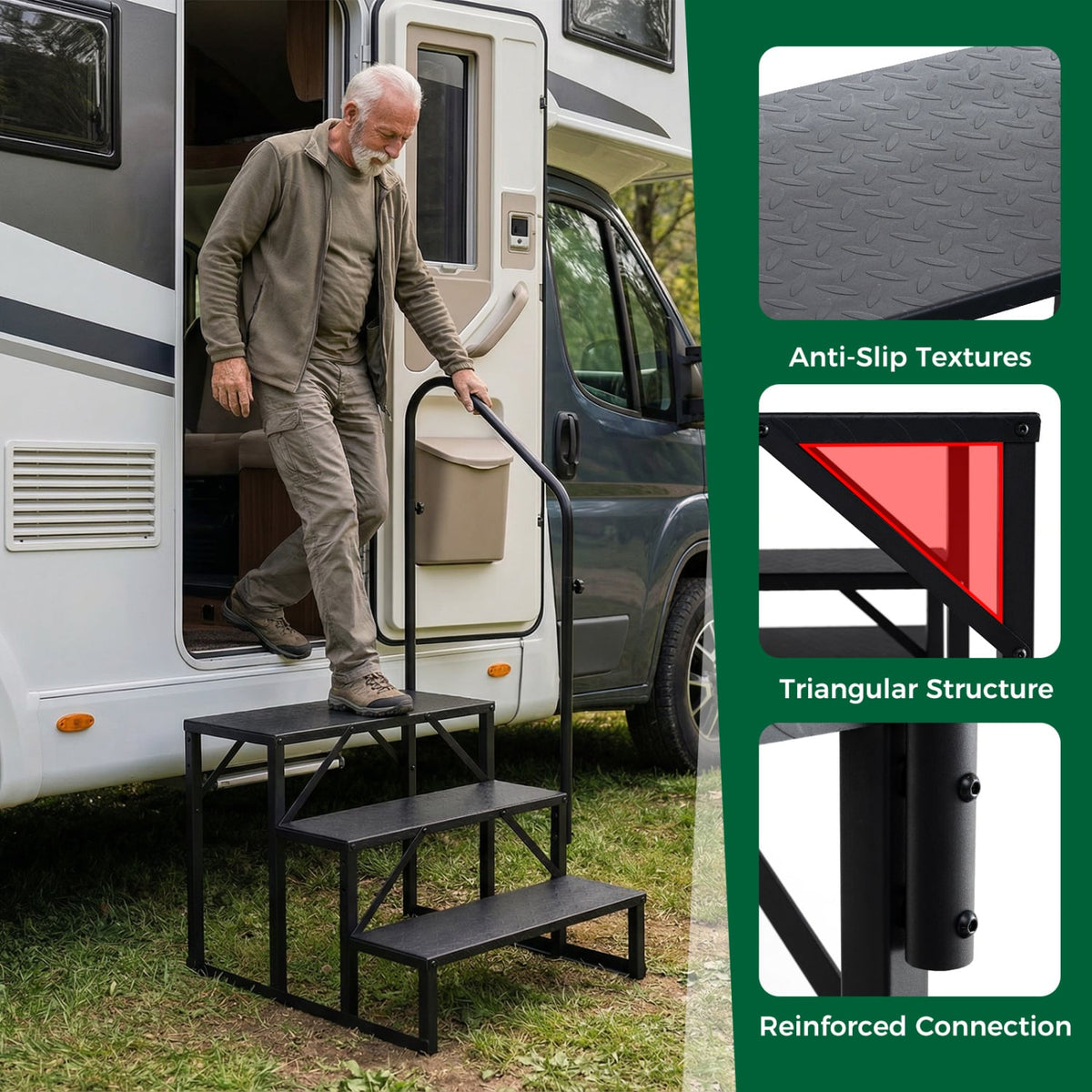 Heavy Duty Hot Tub Stair with Wide Anti-Slip Platforms for Porch and Mobile Home-Black view 2