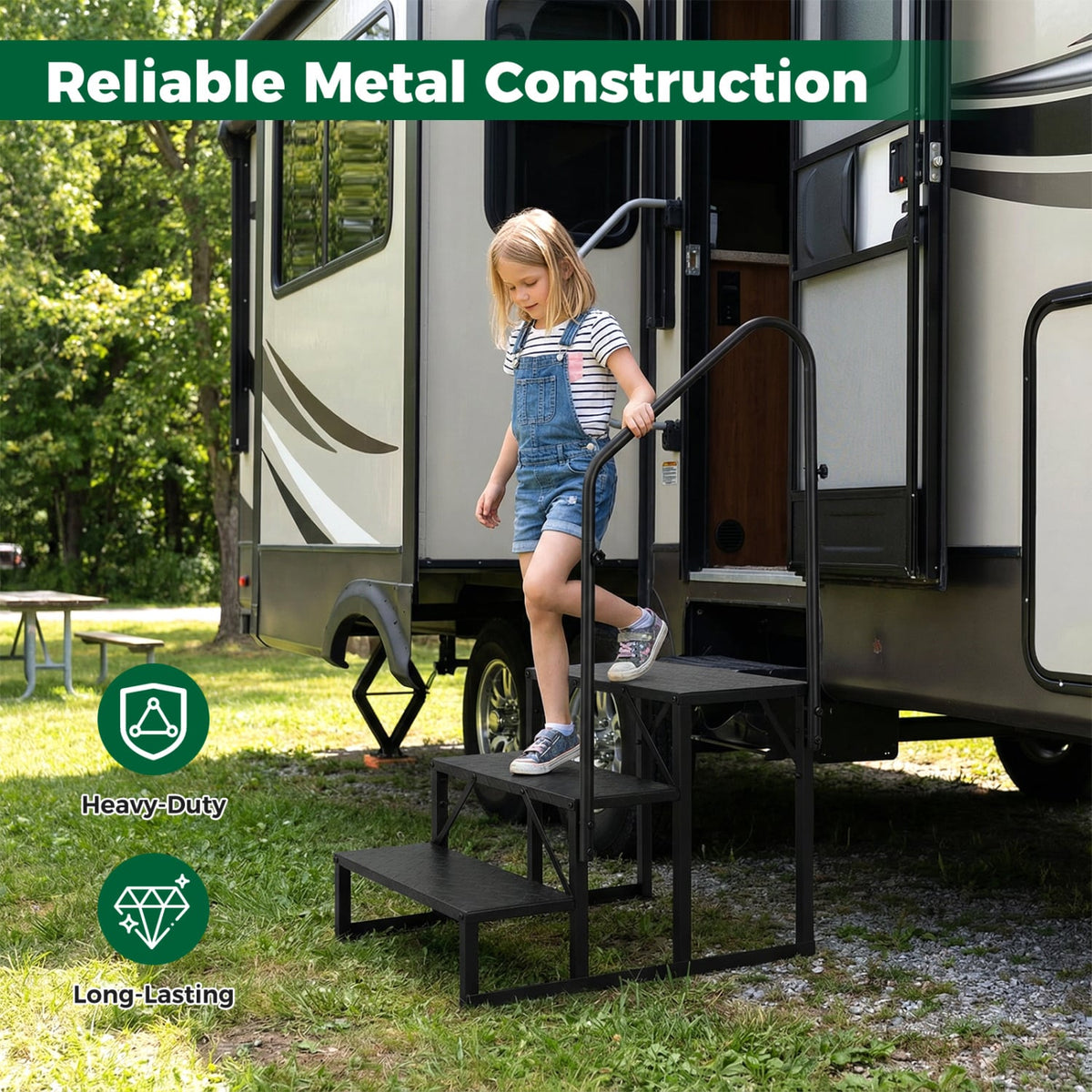 Heavy Duty Hot Tub Stair with Wide Anti-Slip Platforms for Porch and Mobile Home-Black view 9