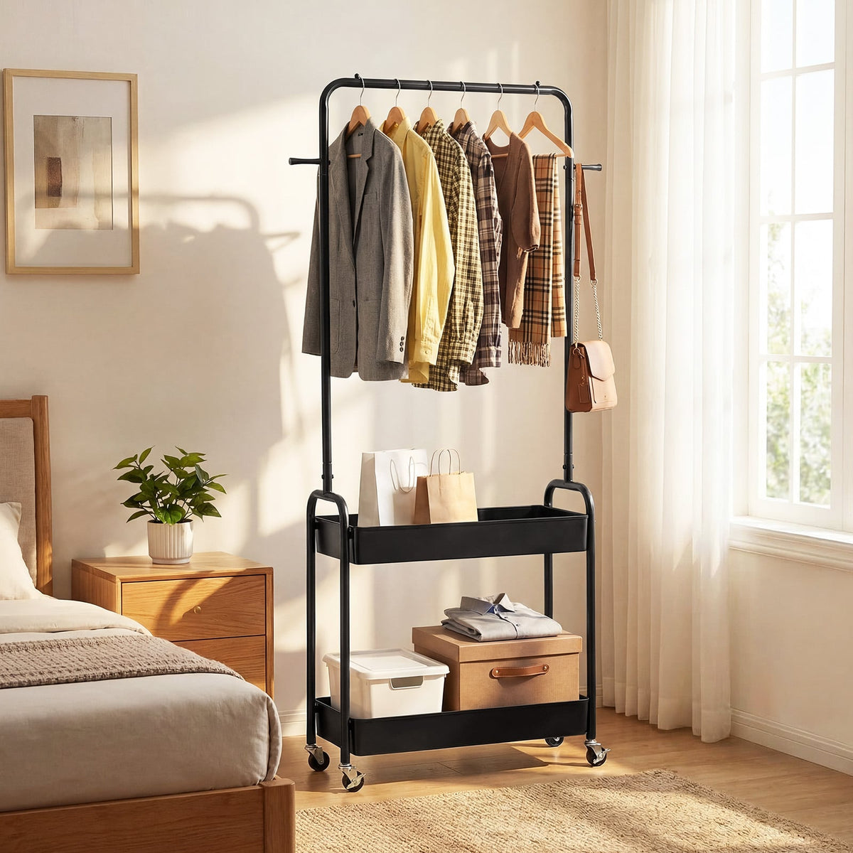 Heavy-Duty Laundry Cart with Hanging Rod and 2 Storage Baskets for Bedroom-Black view 2
