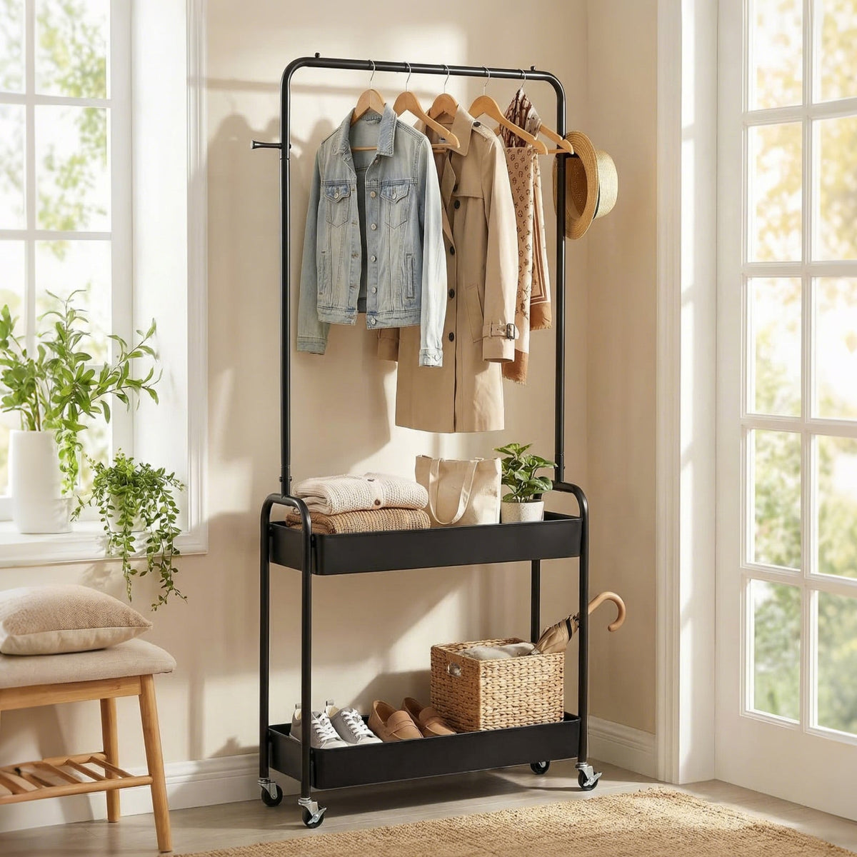 Heavy-Duty Laundry Cart with Hanging Rod and 2 Storage Baskets for Bedroom-Black view 3