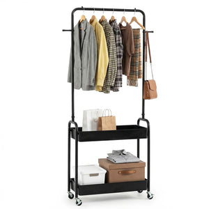 Heavy-Duty Laundry Cart with Hanging Rod and 2 Storage Baskets for Bedroom-Black
