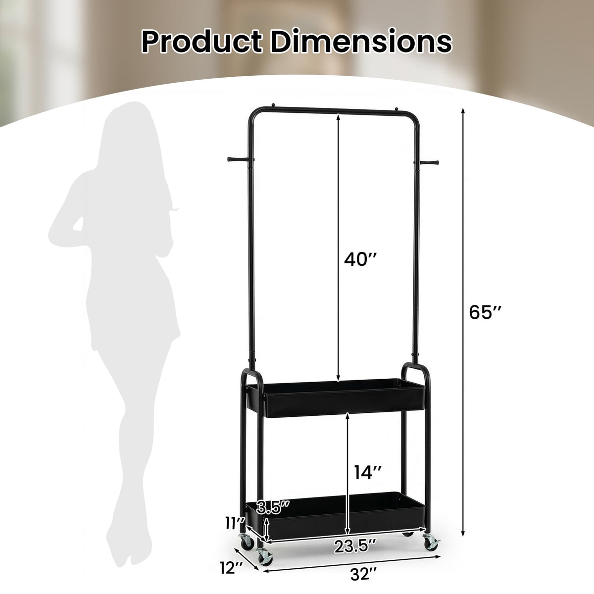Heavy-Duty Laundry Cart with Hanging Rod and 2 Storage Baskets for Bedroom-Black view 5