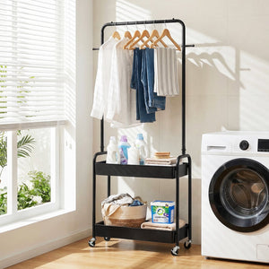 Heavy-Duty Laundry Cart with Hanging Rod and 2 Storage Baskets for Bedroom-Black view 6