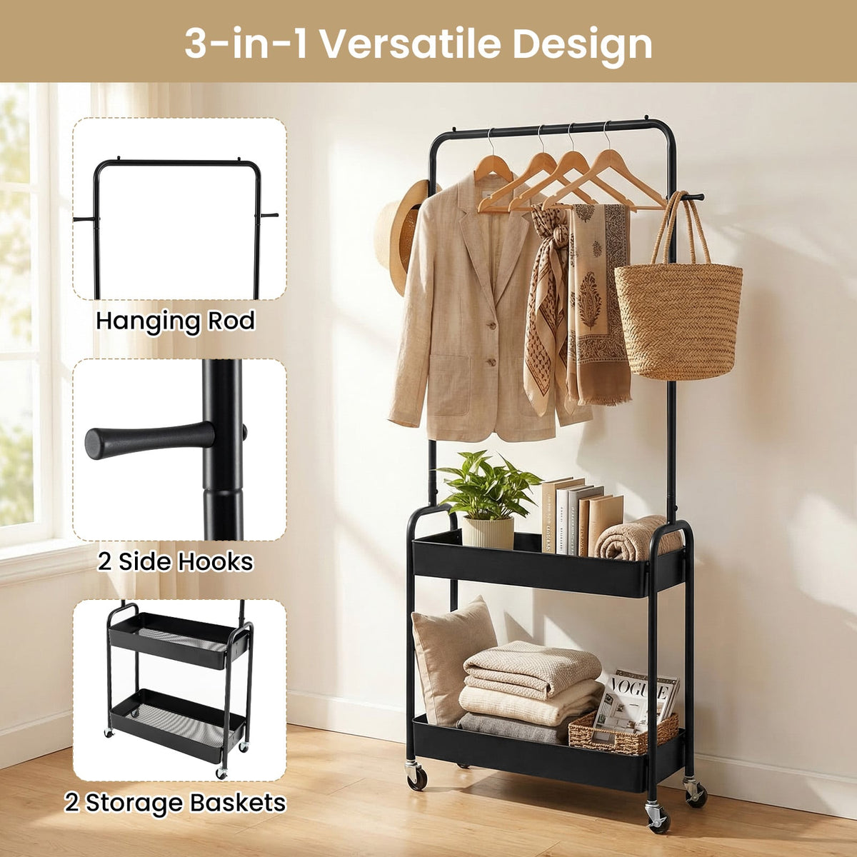 Heavy-Duty Laundry Cart with Hanging Rod and 2 Storage Baskets for Bedroom-Black view 7