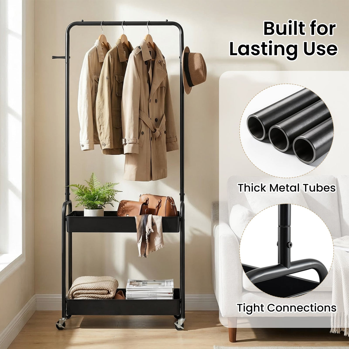 Heavy-Duty Laundry Cart with Hanging Rod and 2 Storage Baskets for Bedroom-Black view 8