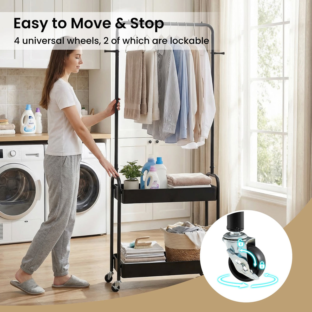Heavy-Duty Laundry Cart with Hanging Rod and 2 Storage Baskets for Bedroom-Black view 9