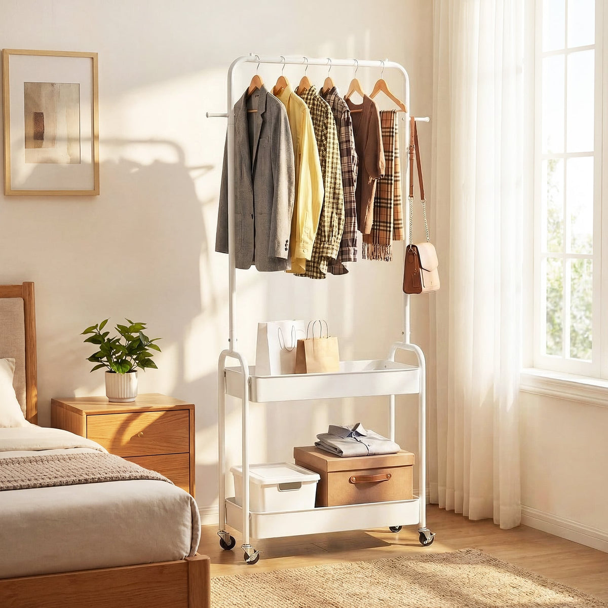 Heavy-Duty Laundry Cart with Hanging Rod and 2 Storage Baskets for Bedroom-White view 2