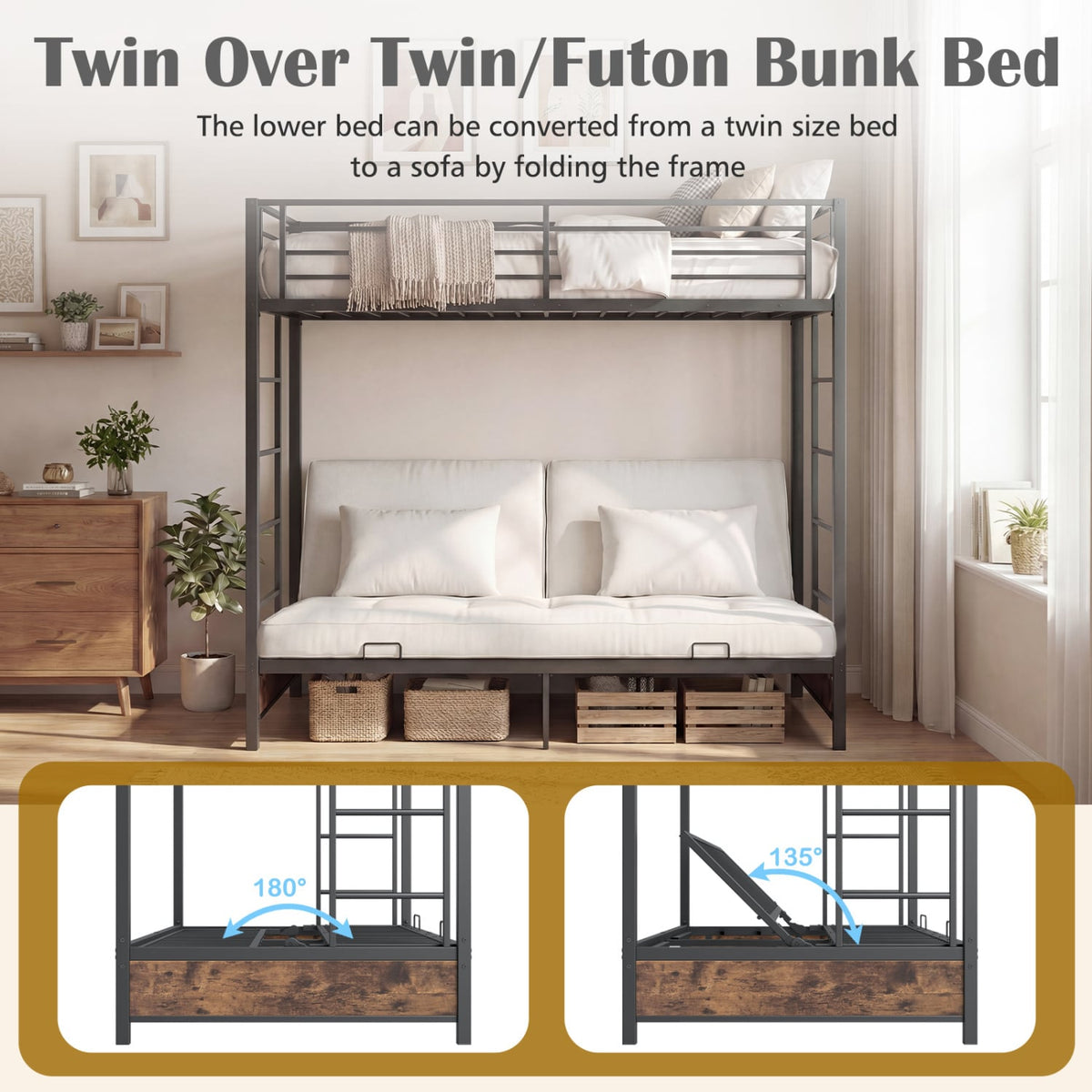 Heavy Duty Metal Bunk Bed Frame with Headboard and Footboard-Rustic Brown view 7