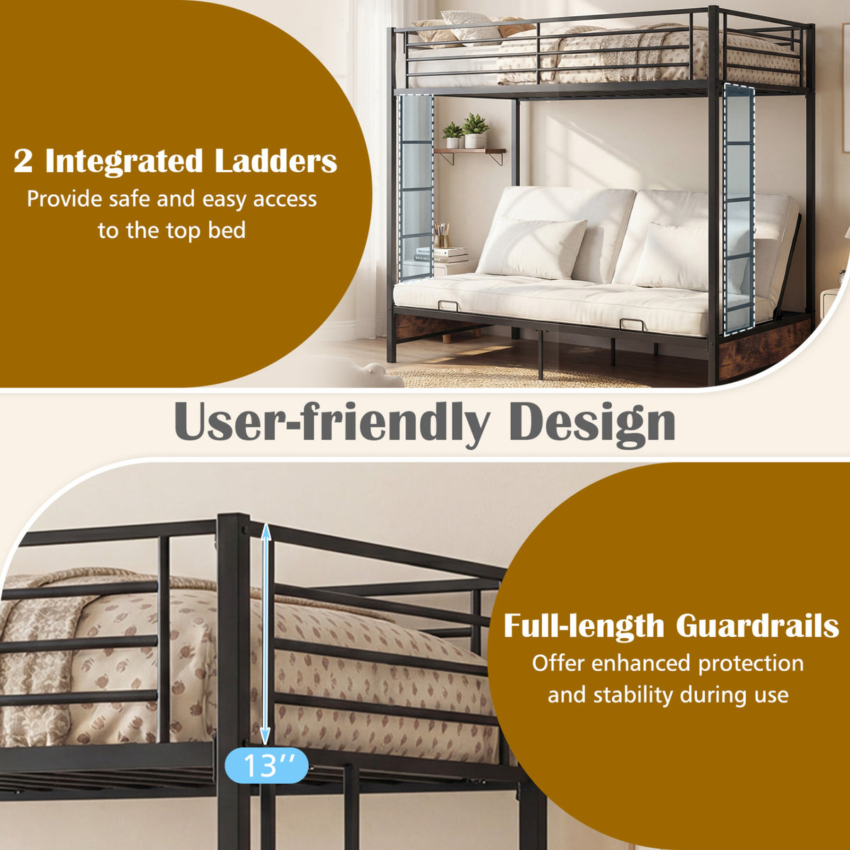 Heavy Duty Metal Bunk Bed Frame with Headboard and Footboard-Rustic Brown view 8