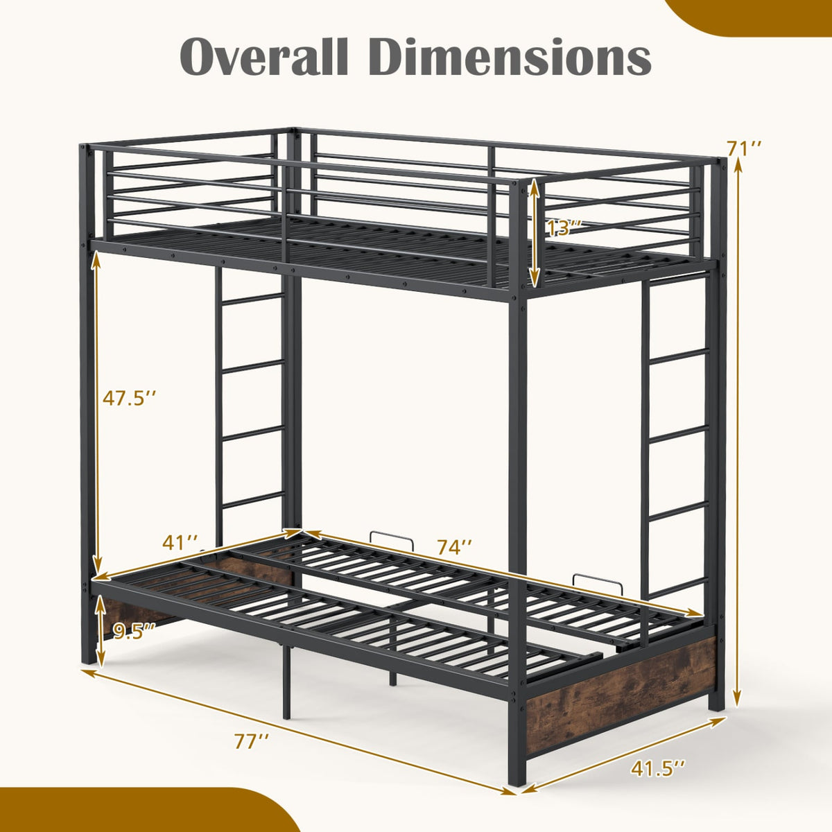 Heavy Duty Metal Bunk Bed Frame with Headboard and Footboard-Rustic Brown view 4