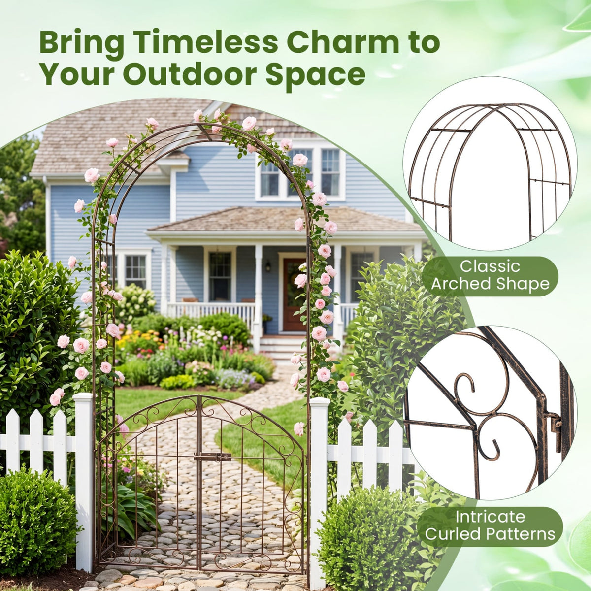 Heavy-Duty Metal Garden Arch with Gate and Safety Latch-Bronze view 9