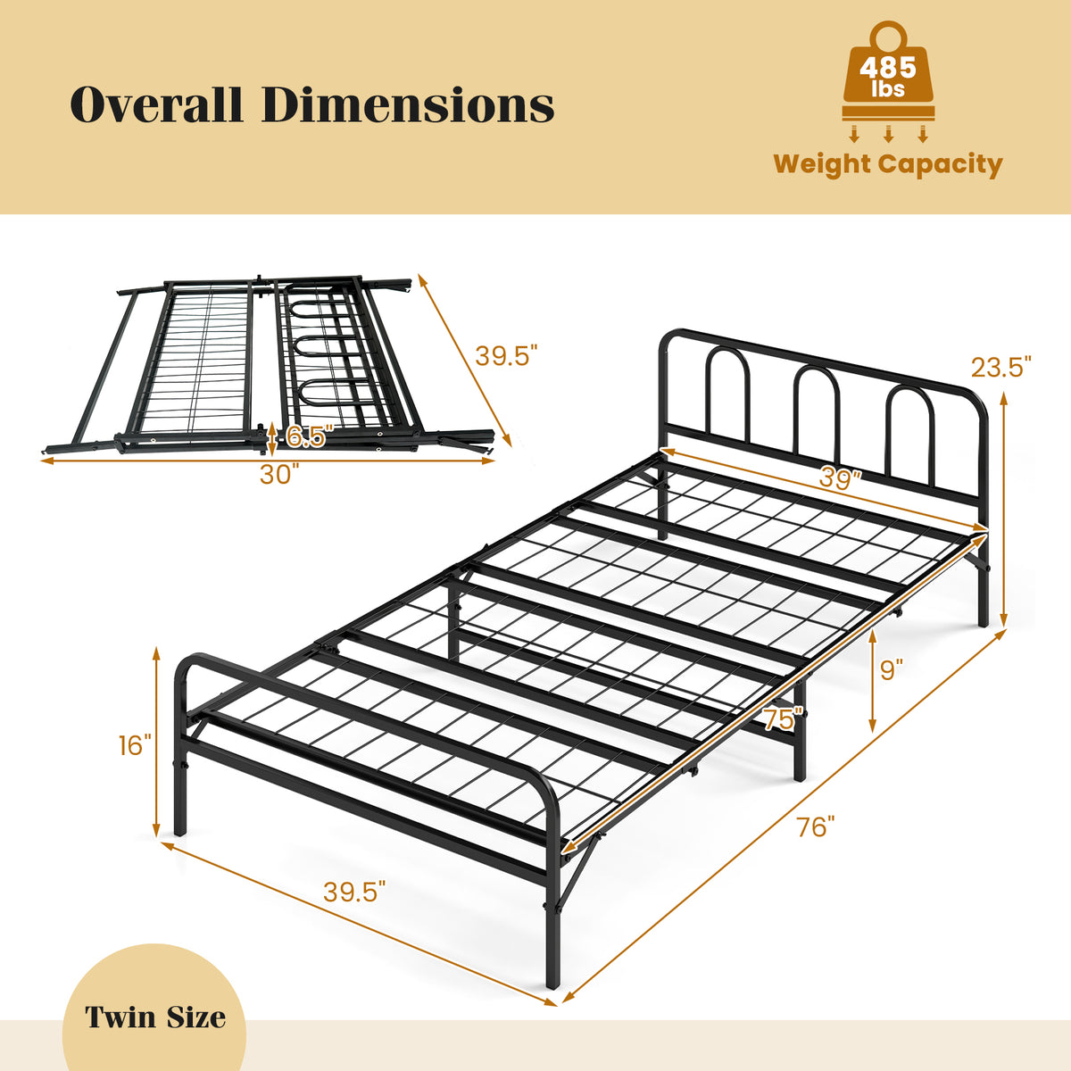 Heavy Duty Metal Twin Foldable Bed Frame with Headboard & Footboard-Black view 3