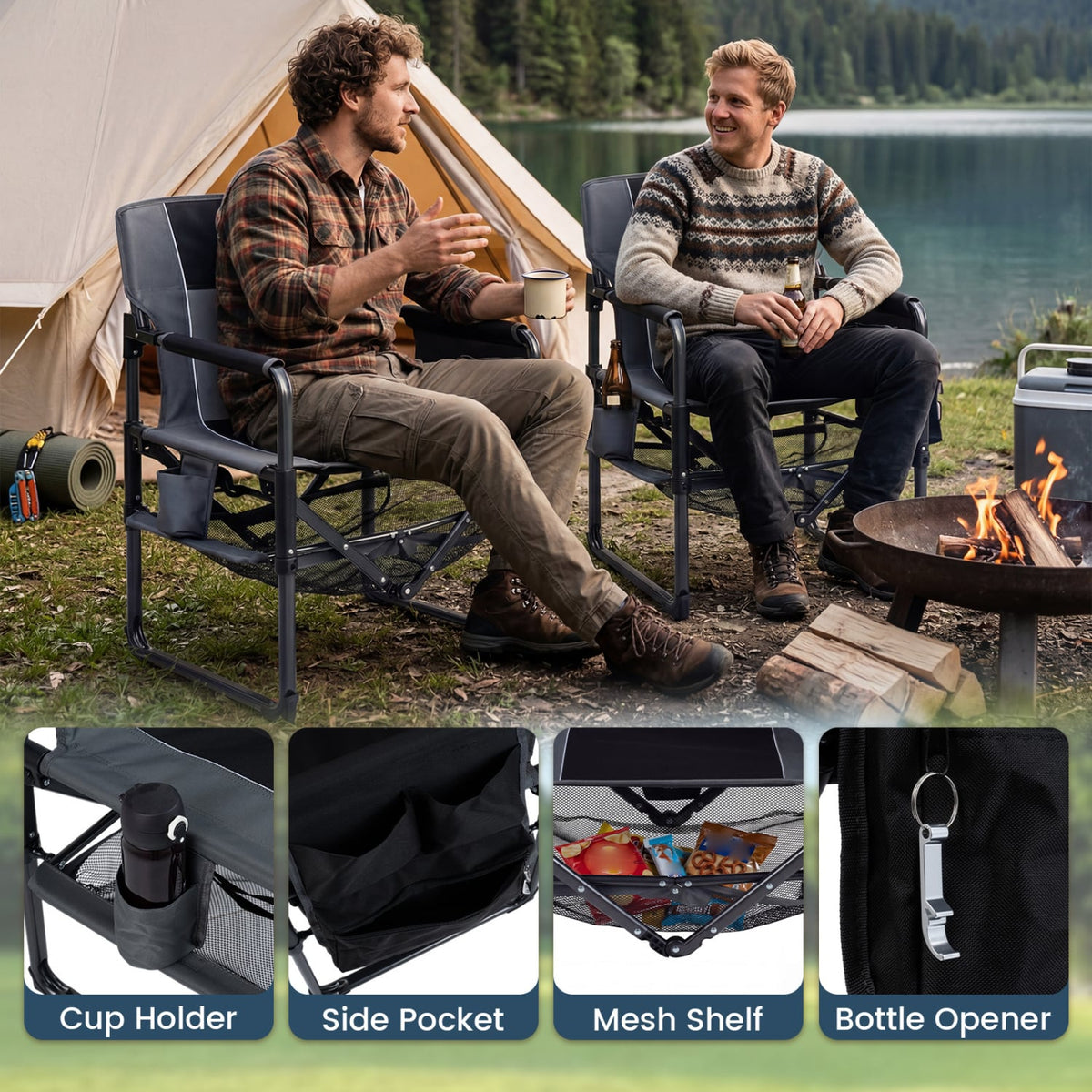 Heavy Duty Outdoor Camping Chair with Cup Holder and Side Pocket-Black view 9