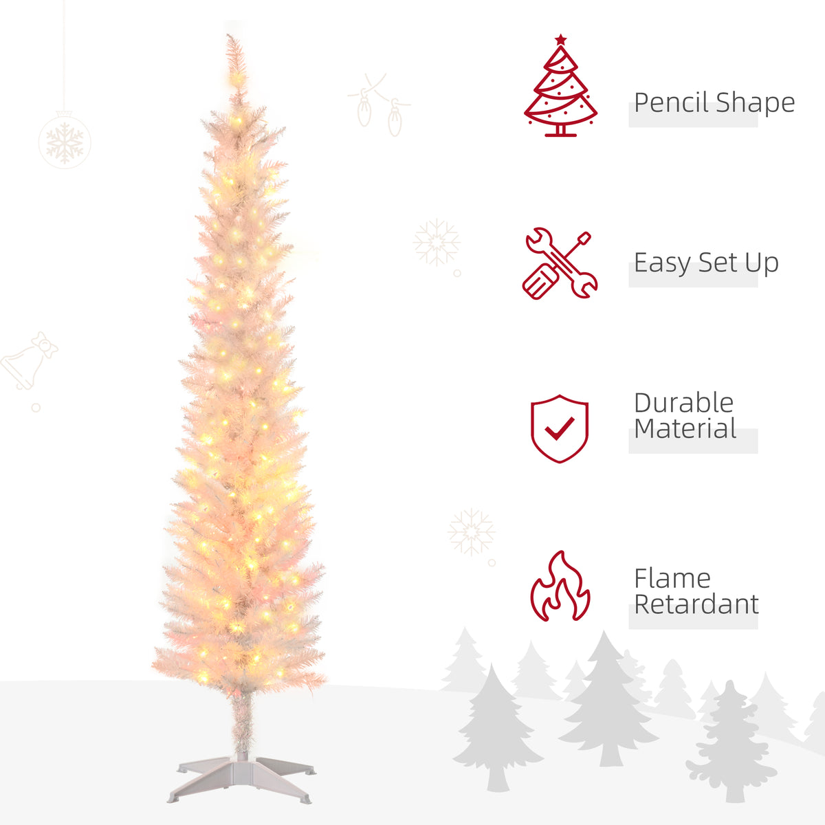 6' Prelit Christmas Trees, Pencil Artificial Christmas Tree with Colourful Surface Tips, Colourful LED Lights, White